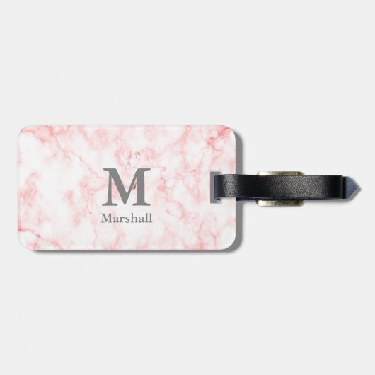 Elegant Faux Roze Marmer Name en Monogram Bagagelabel (Achterkant horizontaal)