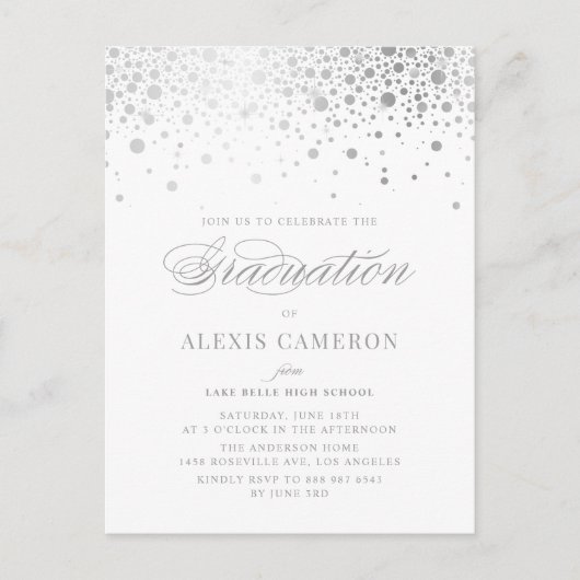 Elegant Faux Silver Foil Confetti Afstuderen Uitnodiging Briefkaart (Voorkant)