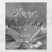 Elegant Faux Silver Foil Script Happy Kerstmis Wijn Etiket (Enkel label)