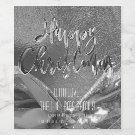 Elegant Faux Silver Foil Script Happy Kerstmis Wijn Etiket (Enkel label)