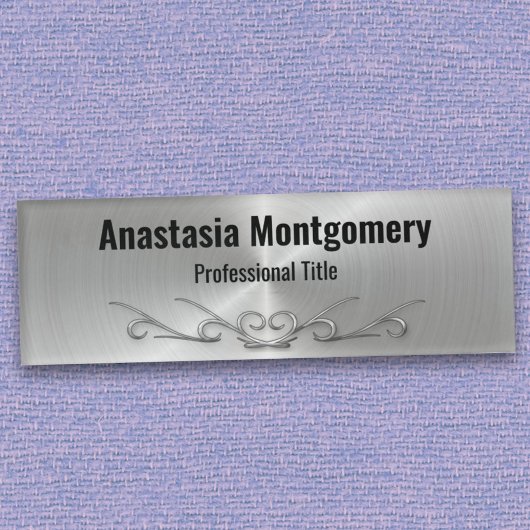 Elegant Faux Silver Metallic Scroll Art zwarte tek Naambadge