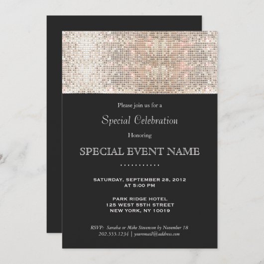 Elegant Faux Silver Sequins Black Party Kaart (Voorkant / Achterkant)
