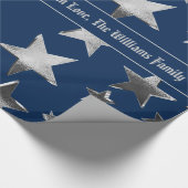 Elegant Faux Silver Stars Pattern Blue Kerstmis Cadeaupapier (Hoek)