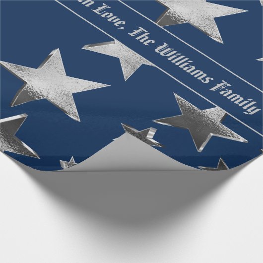 Elegant Faux Silver Stars Pattern Blue Kerstmis Cadeaupapier (Hoek)