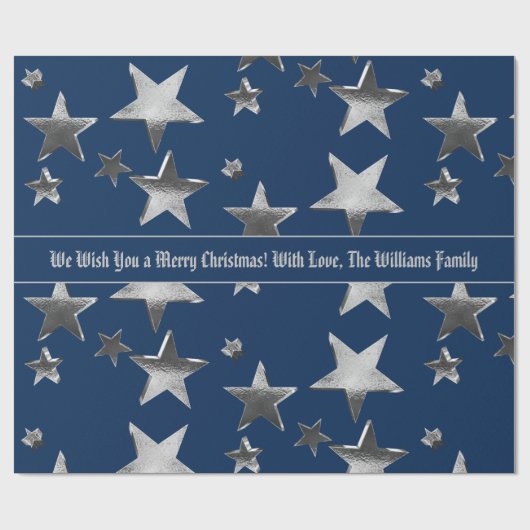 Elegant Faux Silver Stars Pattern Blue Kerstmis Cadeaupapier (Vlak)