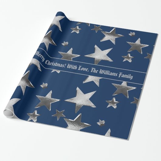 Elegant Faux Silver Stars Pattern Blue Kerstmis Cadeaupapier (Uitgerold)