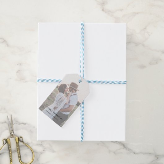Elegant Faux Vellum Effect Foto slaat de datum op Cadeaulabel (Met Touw)