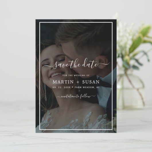 Elegant Faux Vellum Effect Overlay Foto bruiloft Save The Date (Staand voorkant)