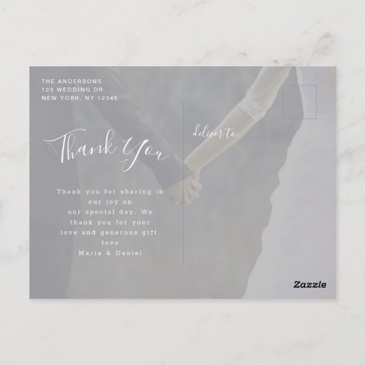 Elegant Faux Vellum Multi Photo Weddenschap Dank j Briefkaart (Achterkant)