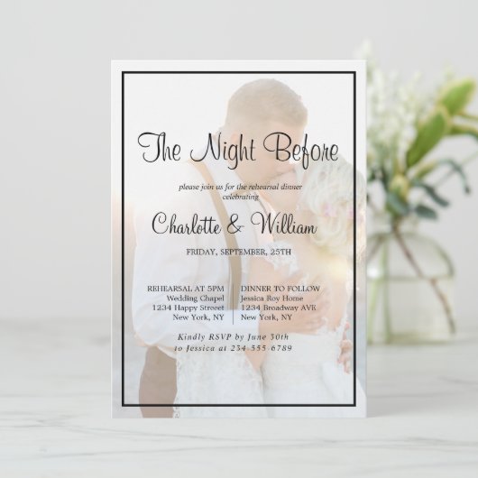 Elegant Faux Vellum Overlay Photo Rehearal Dinner Kaart (Staand voorkant)
