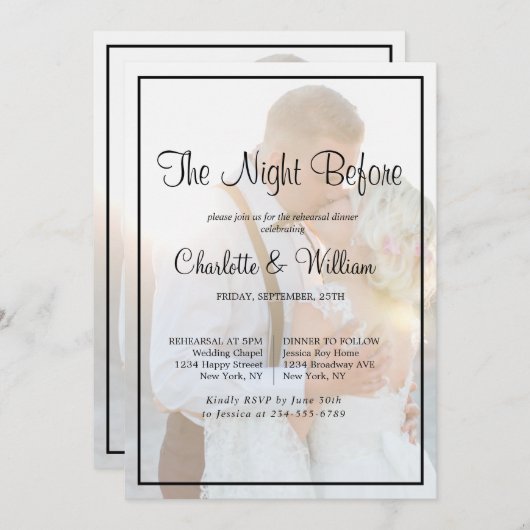 Elegant Faux Vellum Overlay Photo Rehearal Dinner Kaart (Voorkant / Achterkant)