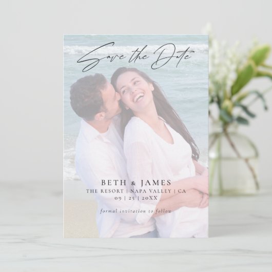 Elegant Faux Vellum Photo Beach Wedding Save The Date (Staand voorkant)