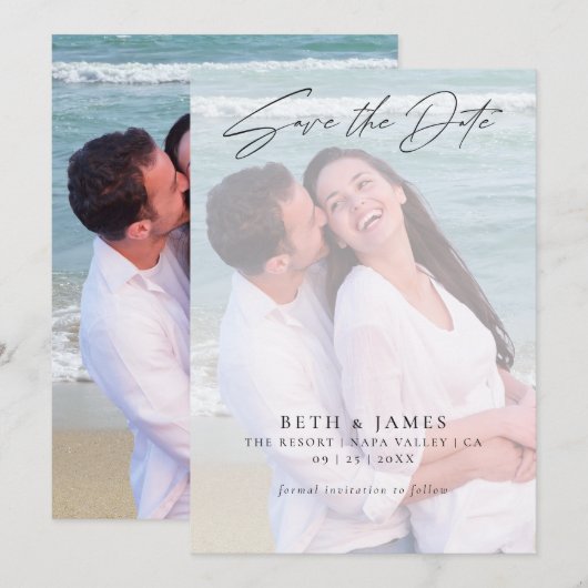 Elegant Faux Vellum Photo Beach Wedding Save The Date (Voorkant / Achterkant)
