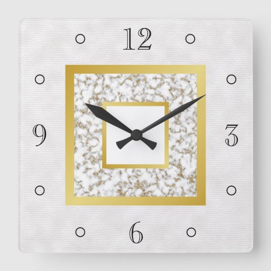 Elegant Faux White Leather Marble Gold Monogram Vierkante Klok (Voorkant)