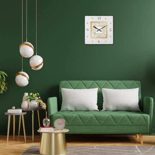 Elegant Faux White Leather Marble Gold Monogram Vierkante Klok