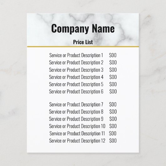 Elegant Faux White Marble Business Price List Flyer (Voorkant)