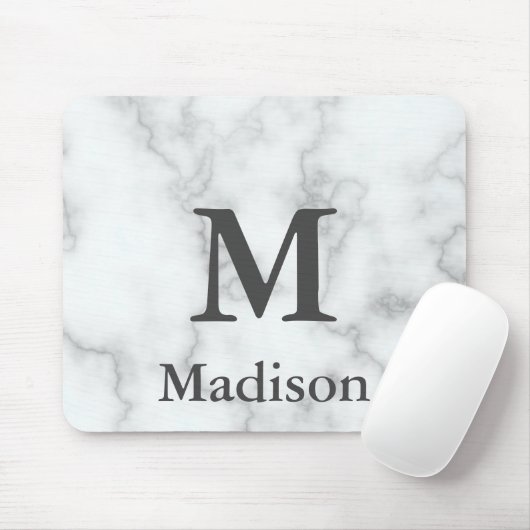 Elegant Faux White Marble Grey Name en Monogram Muismat (Met muis)