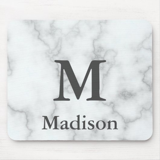 Elegant Faux White Marble Grey Name en Monogram Muismat (Voorkant)
