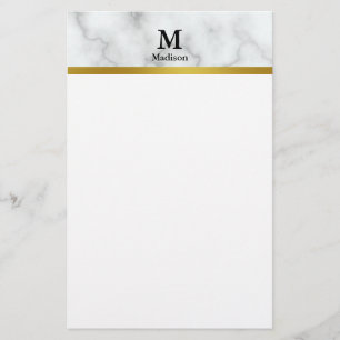 Elegant Faux White Marble met Name and Monogram Briefpapier