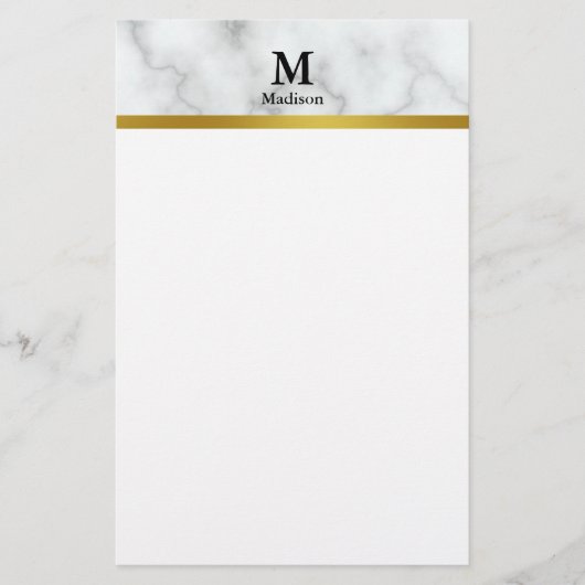 Elegant Faux White Marble met Name and Monogram Briefpapier (Voorkant)