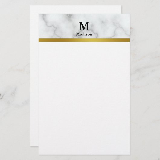 Elegant Faux White Marble met Name and Monogram Briefpapier (Voorkant / Achterkant)