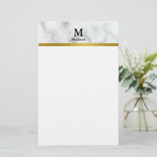 Elegant Faux White Marble met Name and Monogram Briefpapier (Staand voorkant)