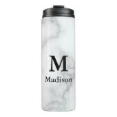 Elegant Faux White Marble met Name & Monogram Thermosbeker (Voorkant)