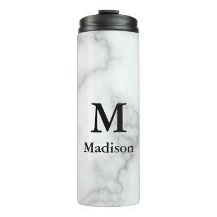 Elegant Faux White Marble met Name & Monogram Thermosbeker
