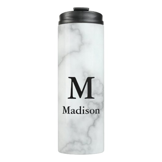 Elegant Faux White Marble met Name & Monogram Thermosbeker (Voorkant)
