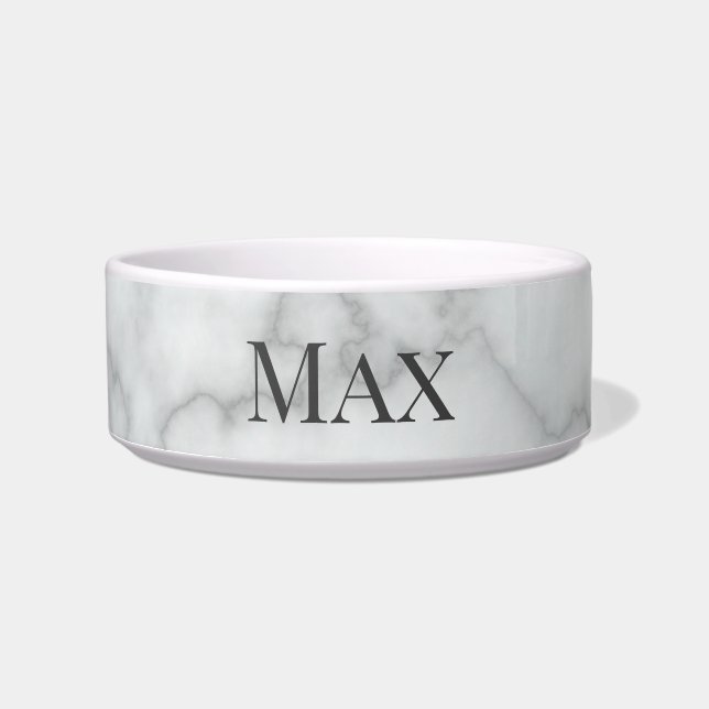 Elegant Faux White Marble met Pet Name Sjabloon Voerbakje (Voorkant)