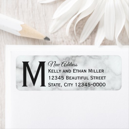 Elegant Faux White Marble Monogrammed New Address Etiket (Insitu)