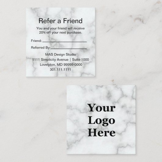 Elegant Faux White Marmer Jouw Logo hier Aanbevelingskaartje (Voorkant / Achterkant)