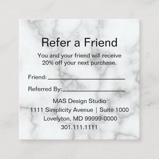 Elegant Faux White Marmer Jouw Logo hier Aanbevelingskaartje (Voorkant)