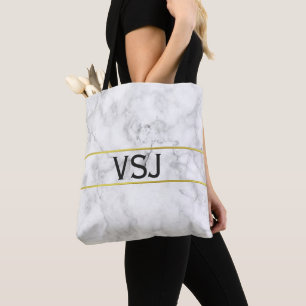 Elegant Faux Wit Marmer en Monogram Tote Bag