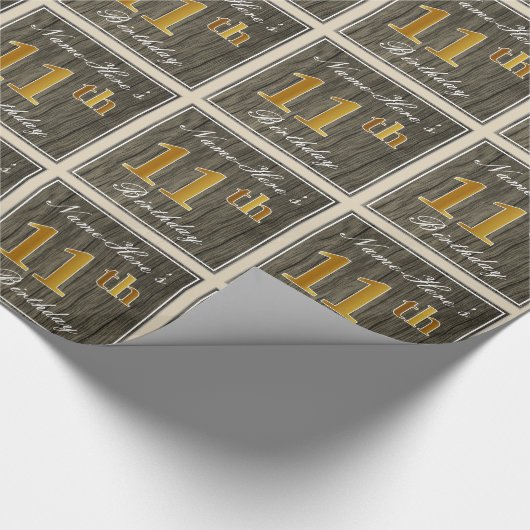 Elegant, Faux Wood, Faux Gold 11th Birthday + Naam Cadeaupapier (Hoek)