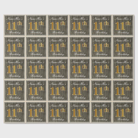 Elegant, Faux Wood, Faux Gold 11th Birthday + Naam Cadeaupapier (Vlak)