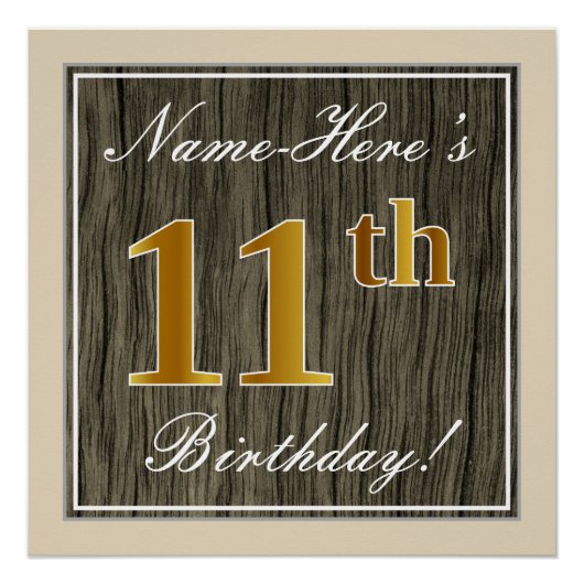 Elegant, Faux Wood, Faux Gold 11th Birthday + Naam Poster (Voorkant)