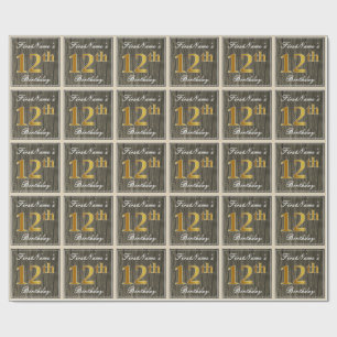 Elegant, Faux Wood, Faux Gold 12th Birthday + Naam Cadeaupapier