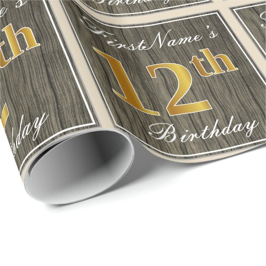 Elegant, Faux Wood, Faux Gold 12th Birthday + Naam Cadeaupapier (Rol Hoek)