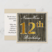 Elegant, Faux Wood, Faux Gold 12th Birthday + Naam Kaart (Voorkant / Achterkant)