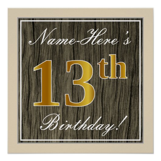 Elegant, Faux Wood, Faux Gold 13th Birthday + Naam Poster (Voorkant)