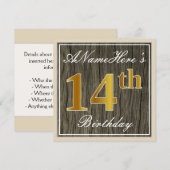 Elegant, Faux Wood, Faux Gold 14th Birthday + Naam Kaart (Voorkant / Achterkant)
