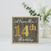 Elegant, Faux Wood, Faux Gold 14th Birthday + Naam Kaart (Staand voorkant)