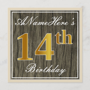 Elegant, Faux Wood, Faux Gold 14th Birthday + Naam Kaart