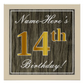 Elegant, Faux Wood, Faux Gold 14th Birthday + Naam Perfect Poster (Voorkant)