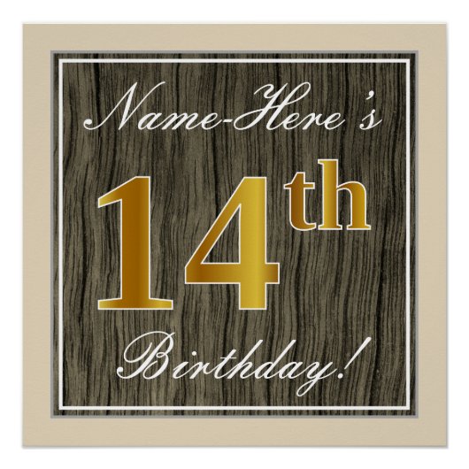 Elegant, Faux Wood, Faux Gold 14th Birthday + Naam Perfect Poster (Voorkant)
