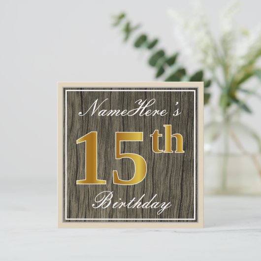 Elegant, Faux Wood, Faux Gold 15th Birthday + Naam Kaart (Staand voorkant)