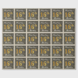 Elegant, Faux Wood, Faux Gold 16th Birthday + Naam Cadeaupapier