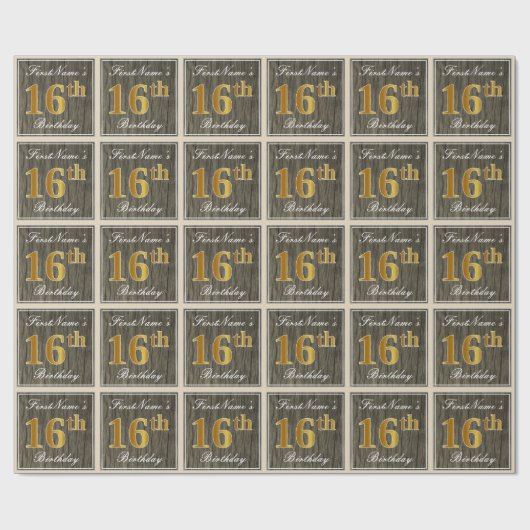 Elegant, Faux Wood, Faux Gold 16th Birthday + Naam Cadeaupapier (Vlak)