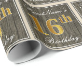 Elegant, Faux Wood, Faux Gold 16th Birthday + Naam Cadeaupapier (Rol Hoek)